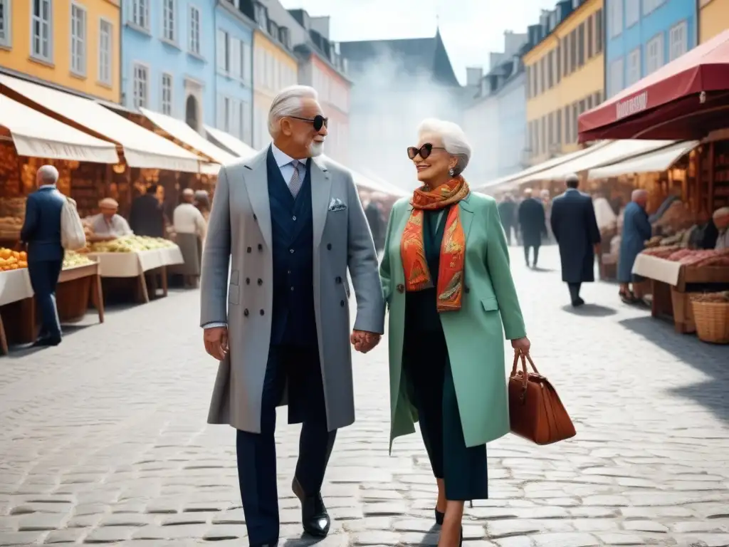 Senior couple elegante paseando por ciudad europea Pareja elegante de seniors aventureros paseando por una plaza europea, luciendo sofisticados atuendos de viaje