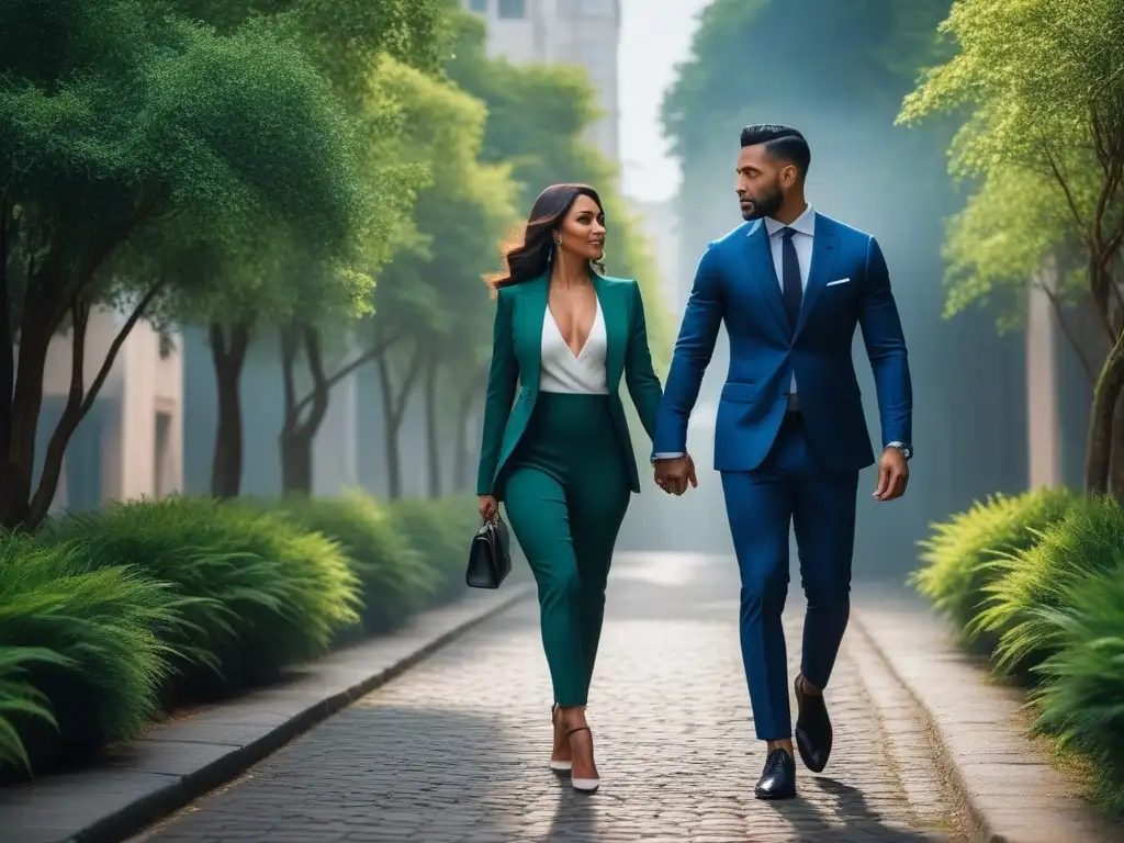Pareja elegante paseando por la ciudad: moda y armonía de alturas Pareja elegante de diferente altura paseando por la ciudad, representando 'Estilismo para parejas de diferente altura'