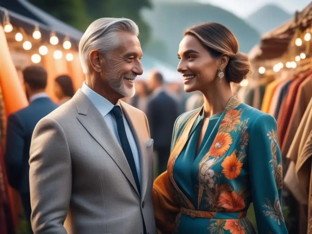 Encantador paseo de pareja en mercado de moda sostenible - EcoFashion en 8k Una pareja de seniors elegante disfruta de la moda sostenible en un mercado ecofriendly