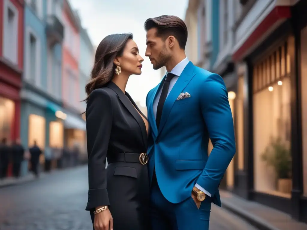 Estilo y complicidad: pareja urbana en beso juguetón Una pareja estilosa en la ciudad, con diferentes alturas pero estilos que se complementan a la perfección