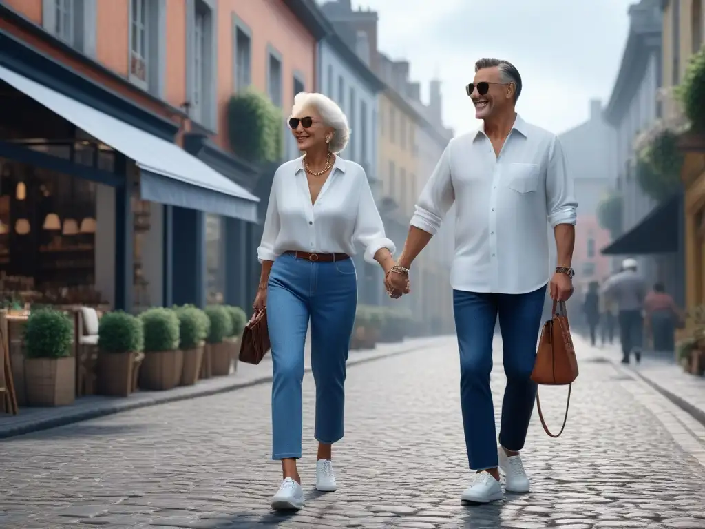 Pareja mayor elegante paseando por una calle urbana chic Una pareja mayor pasea por una calle empedrada, luciendo moda casual cómoda para seniors en un entorno urbano moderno y elegante