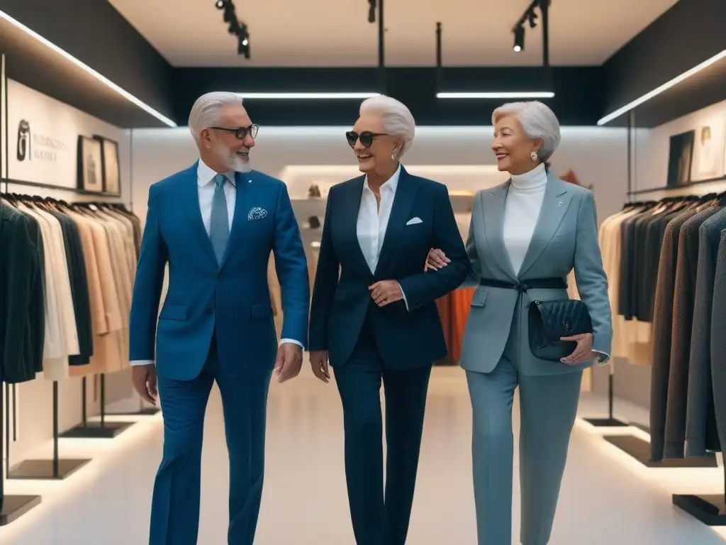 Estilo atemporal: Pareja elegante recorriendo boutique de moda chic Una pareja mayor elegante en una boutique de moda chic, mostrando poder senior y estilo atemporal