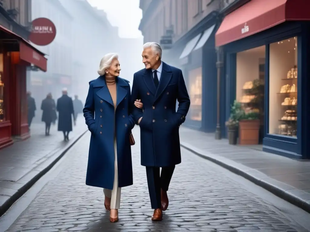Estilo y elegancia: pareja mayor pasea con confianza por la ciudad Una pareja mayor elegante pasea de la mano por la ciudad luciendo abrigos de alta calidad