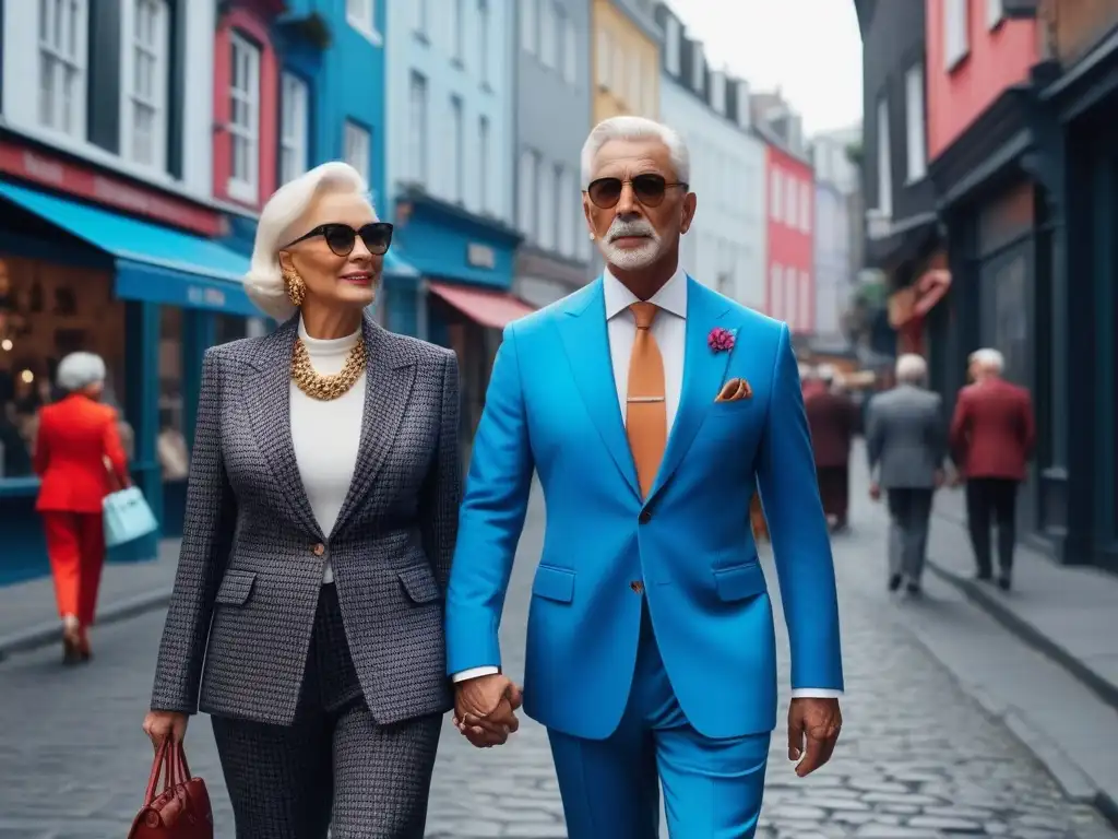 Moda senior: pareja elegante deslumbra en la ciudad Una pareja mayor, elegante y moderna, camina segura por la ciudad, rodeada de diversidad y admiración por su estilo