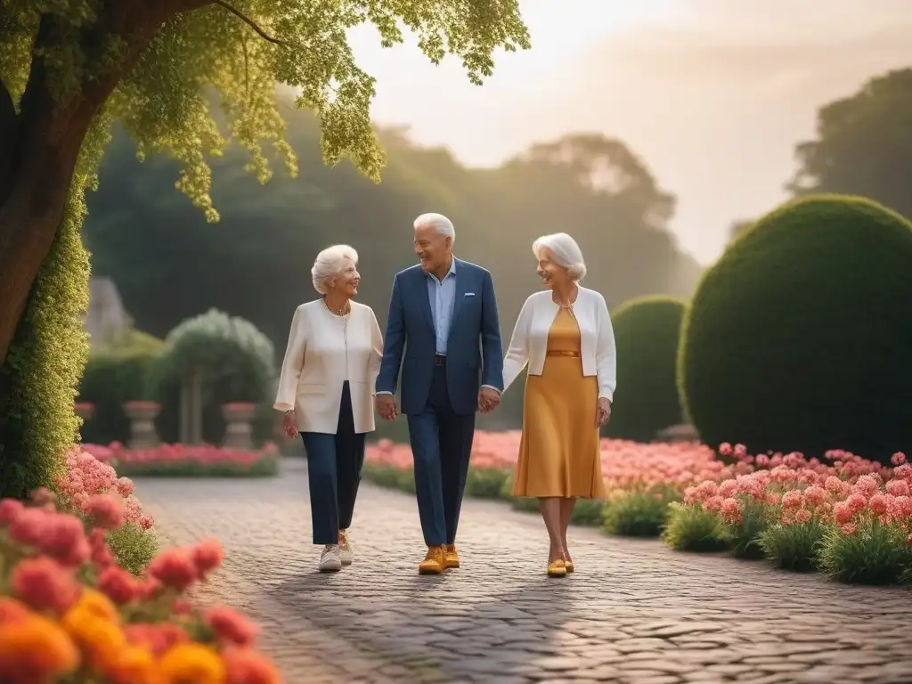Pareja mayor disfruta paseo entre flores con calzado cómodo y elegante Una pareja mayor paseando por un sendero de adoquines, rodeados de flores vibrantes en un jardín sereno