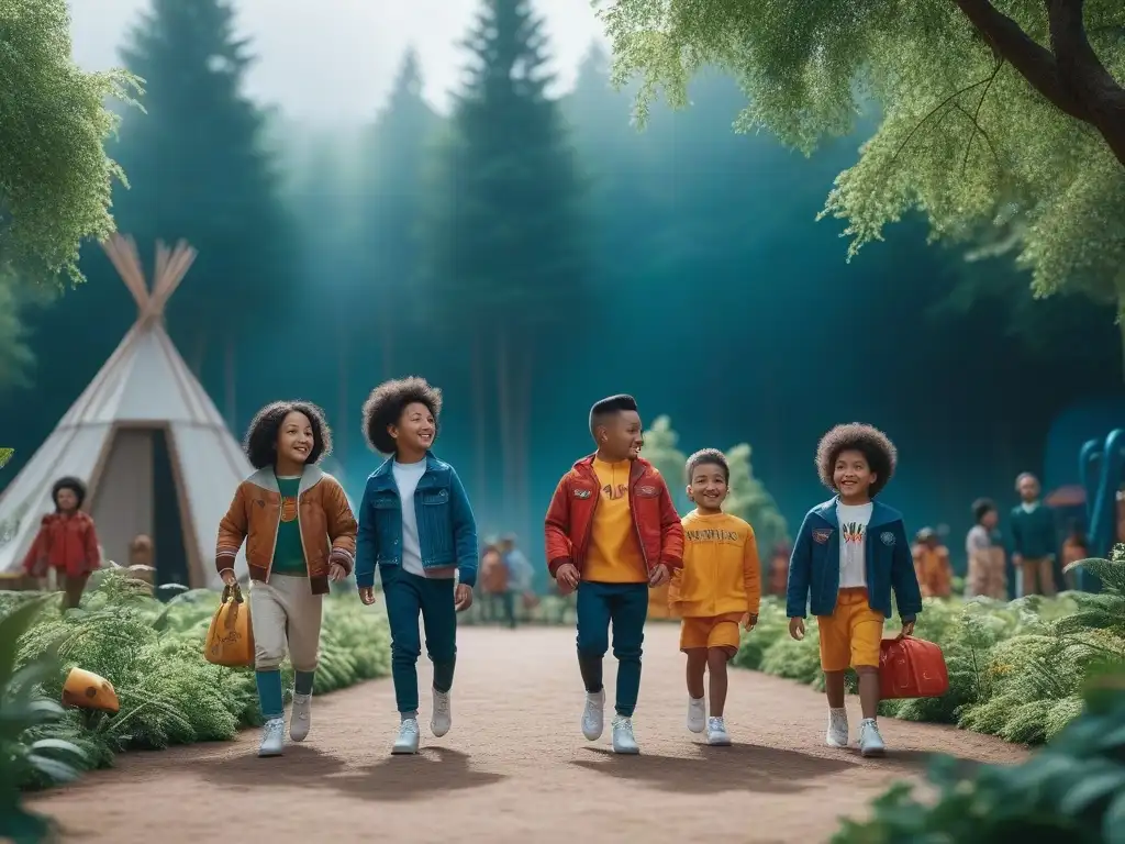 Niños felices y diversos en parque ecológico Un parque alegre con niños de diferentes culturas jugando juntos, vistiendo moda rápida impacto vestuario infantil