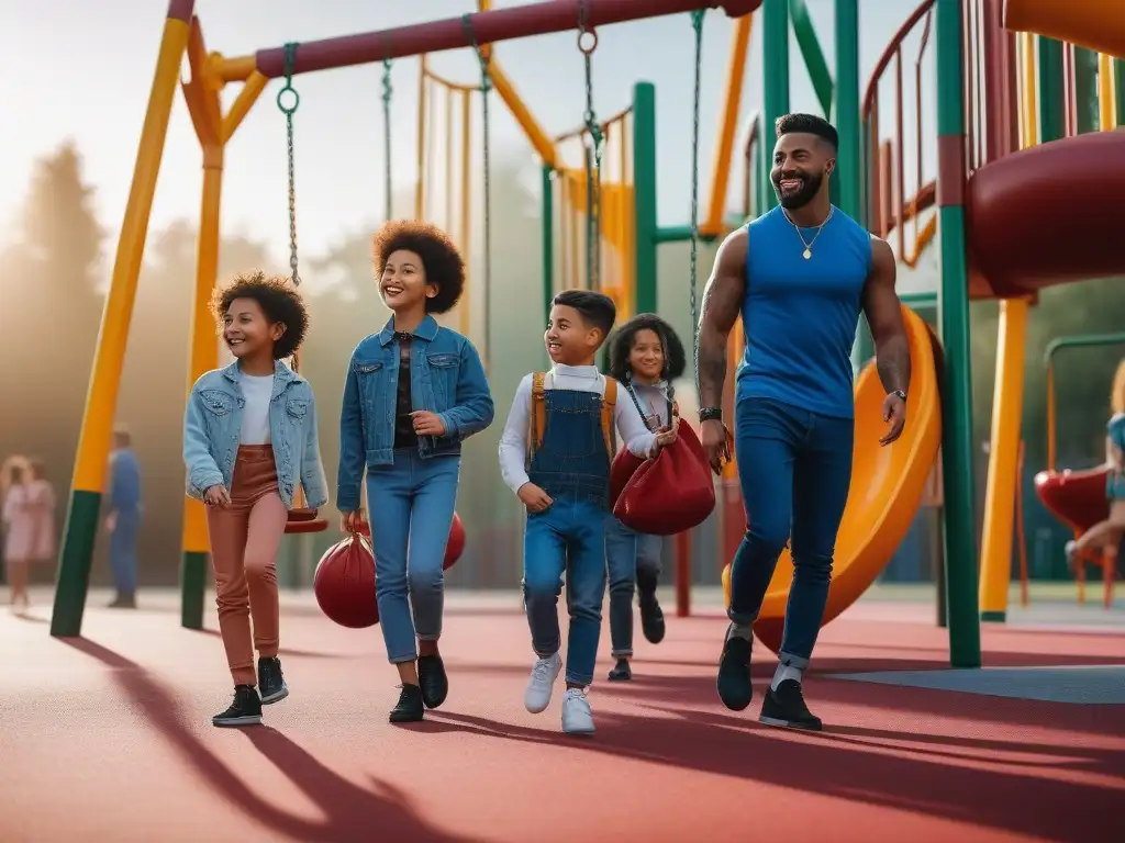 Niños felices juegan juntos en parque inclusivo y colorido Un parque inclusivo lleno de diversidad y alegría, donde niños juegan felices