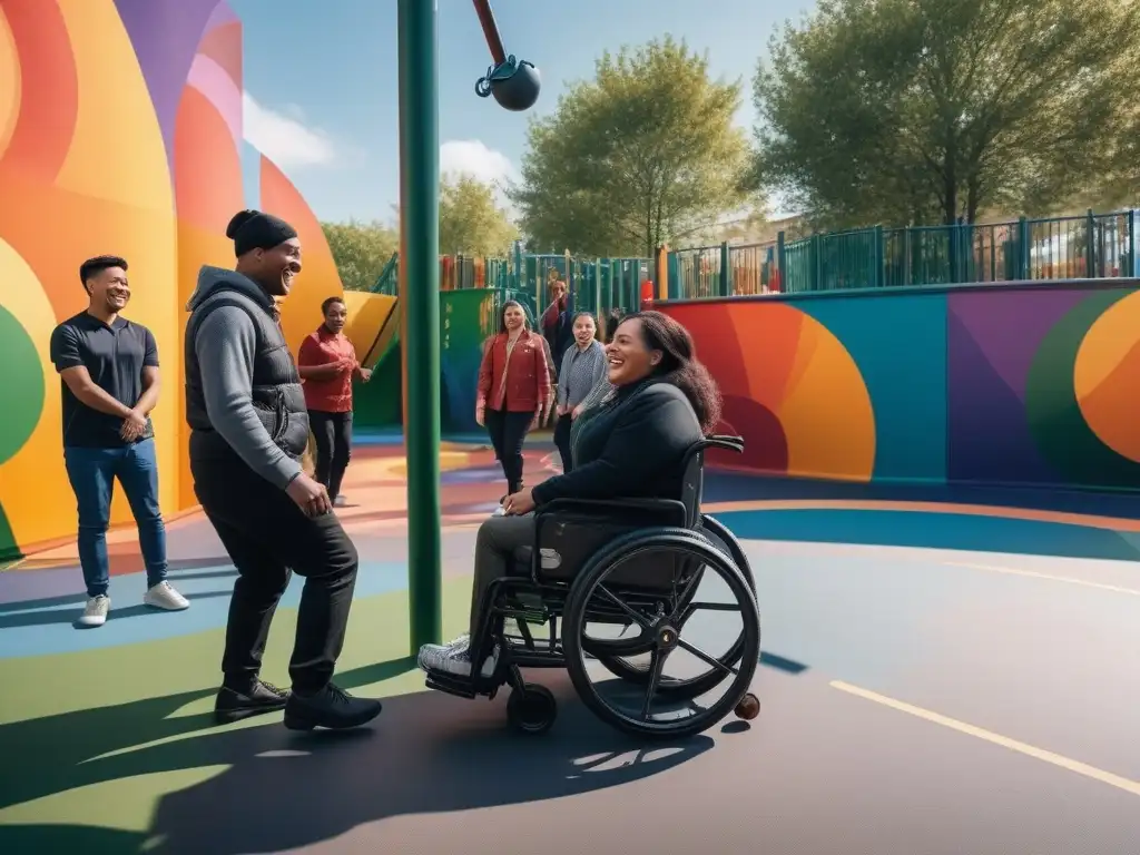 Juego inclusivo en parque moderno: diversión sin límites Un parque inclusivo lleno de niños felices jugando juntos con ropa adaptativa infantil necesidades especiales