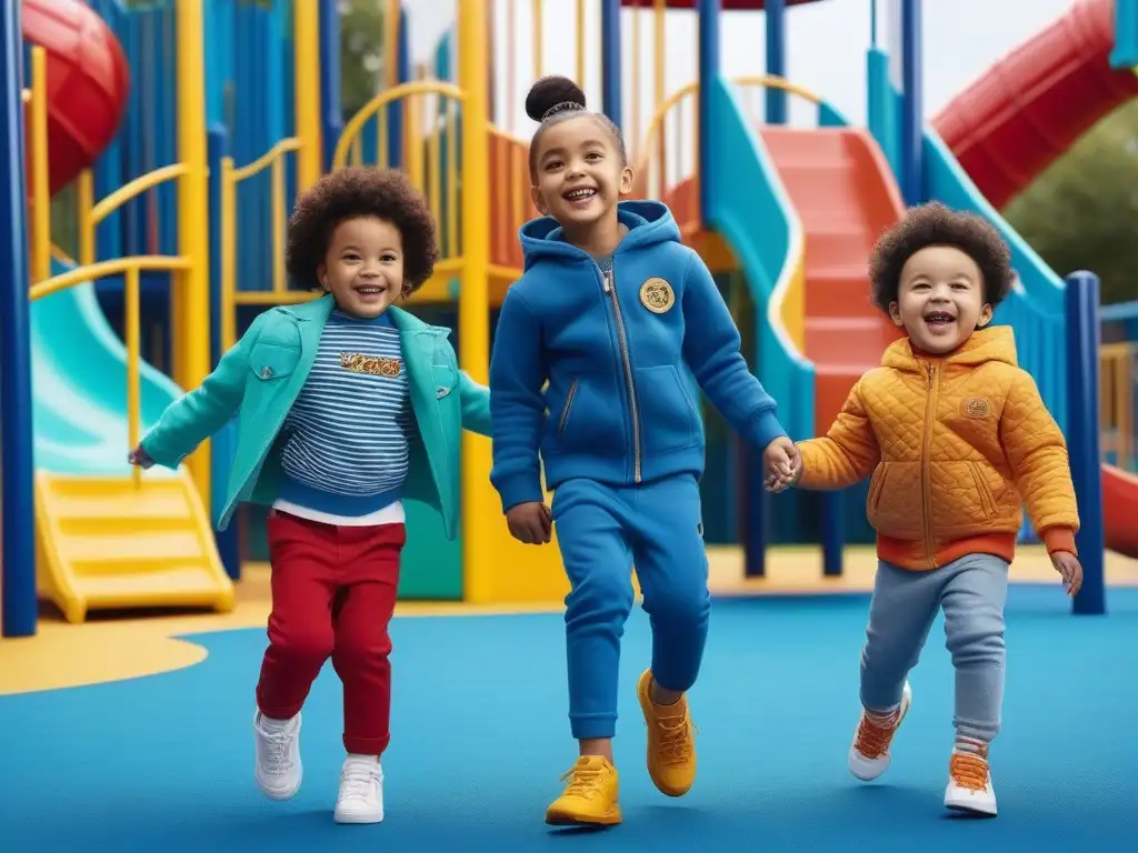 Niños felices jugando juntos en un parque inclusivo y diverso Un parque inclusivo donde niños de diferentes etnias y habilidades juegan felices, vistiendo moda infantil inclusiva y diversa