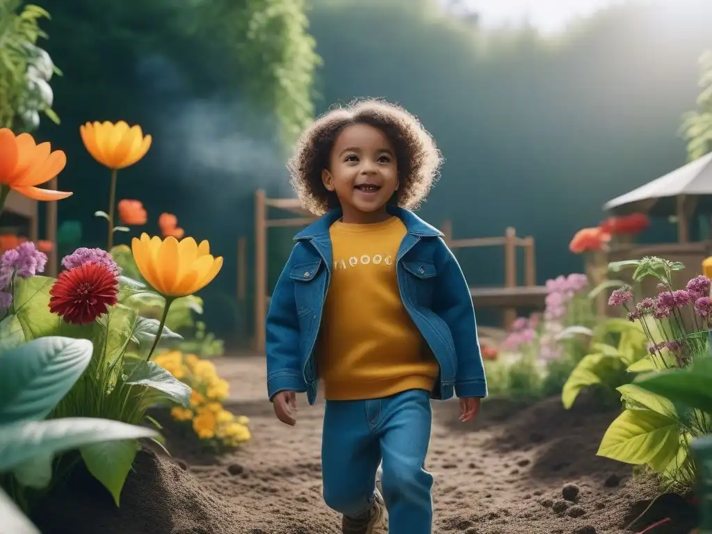Niños felices en parque ecológico con moda sostenible Un parque infantil sostenible donde niños juegan felices, vistiendo moda ética de marcas socialmente responsables