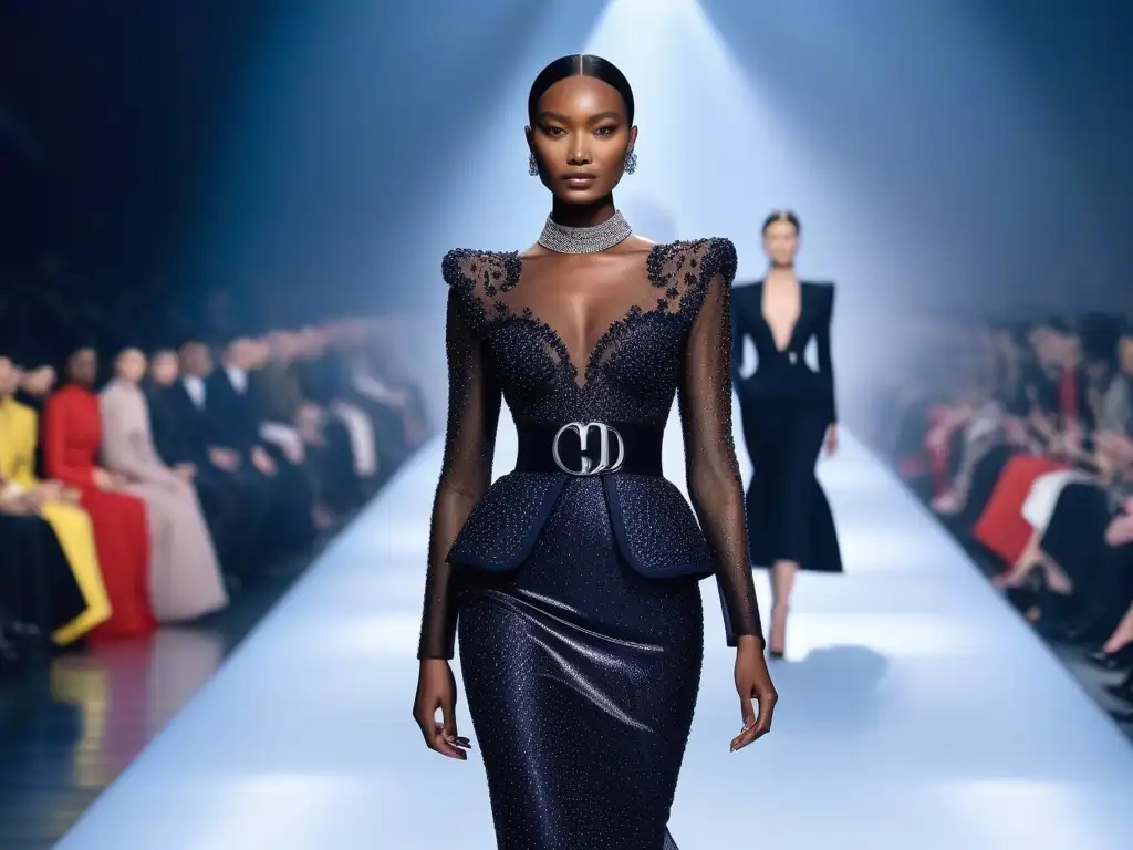 Desfile de moda Dior: diversidad y elegancia en la pasarela Una pasarela de alta moda donde modelos de diversas tallas y etnias lucen prendas de Christian Dior, destacando la diversidad en la moda
