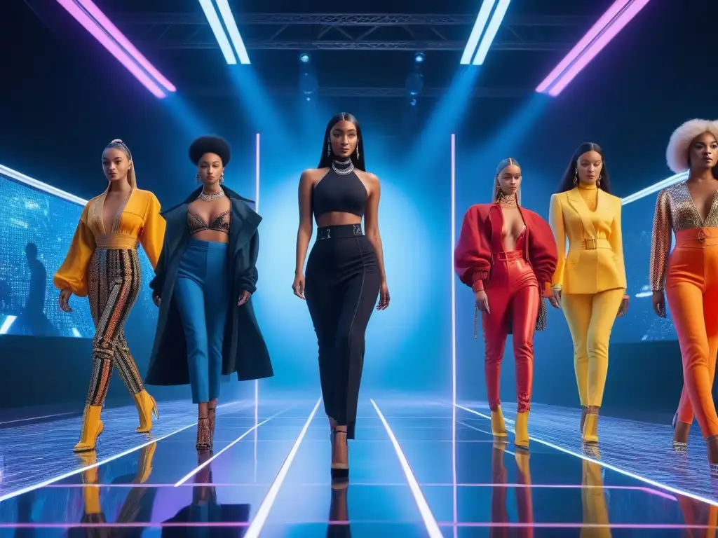 Desfile digital: moda inclusiva en red holográfica Una pasarela digital con influencers de moda diversos, representando la moda inclusiva en redes sociales