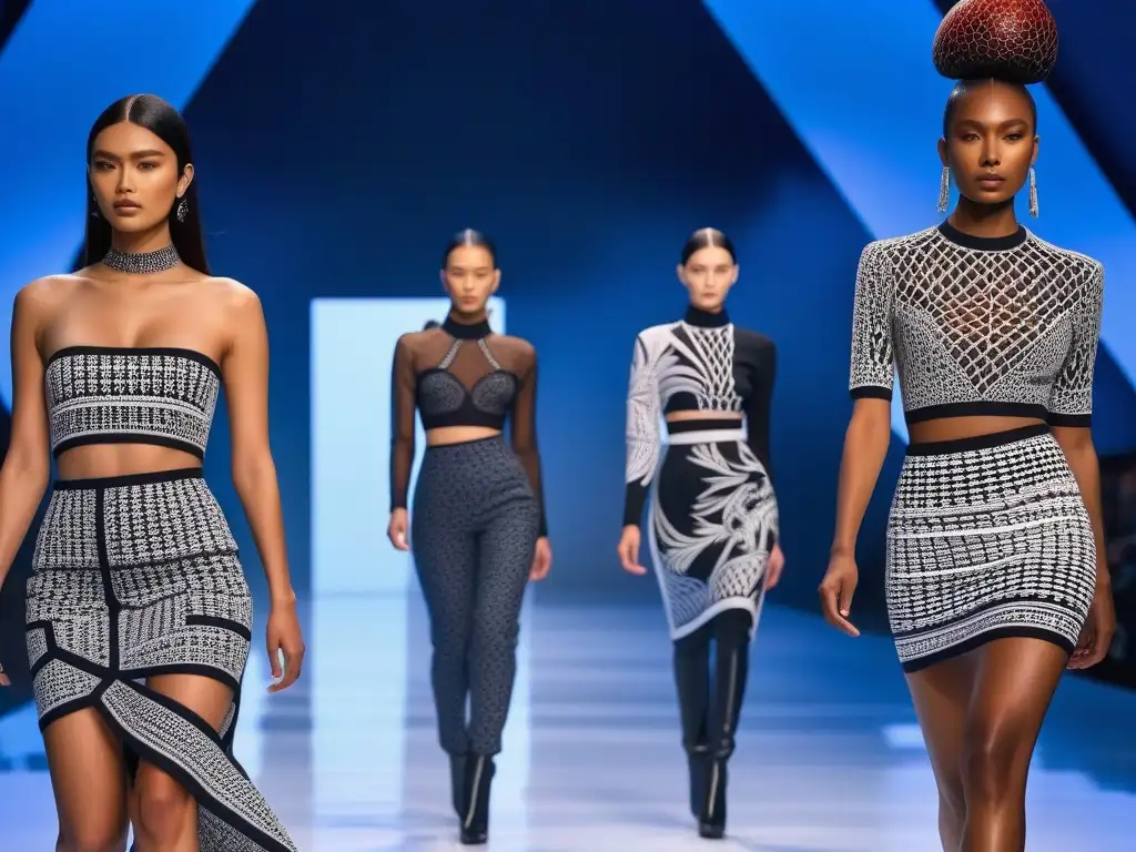Desfile digital: moda 3D inclusiva y vanguardista Una pasarela digital con modelos en trajes 3D únicos que fusionan elementos culturales tradicionales con diseño moderno