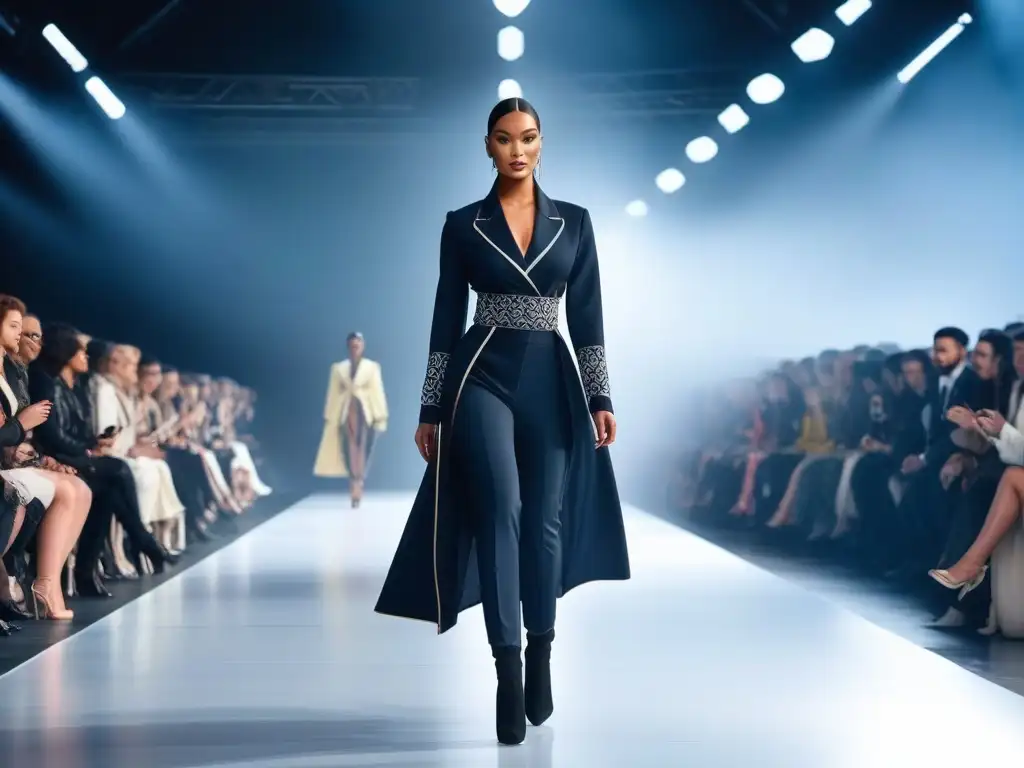 Desfile inclusivo: moda para todos, tecnología y diversidad Una pasarela digital vibrante y diversa con modelos de diferentes tallas, etnias y habilidades, luciendo moda inclusiva para todos los cuerpos