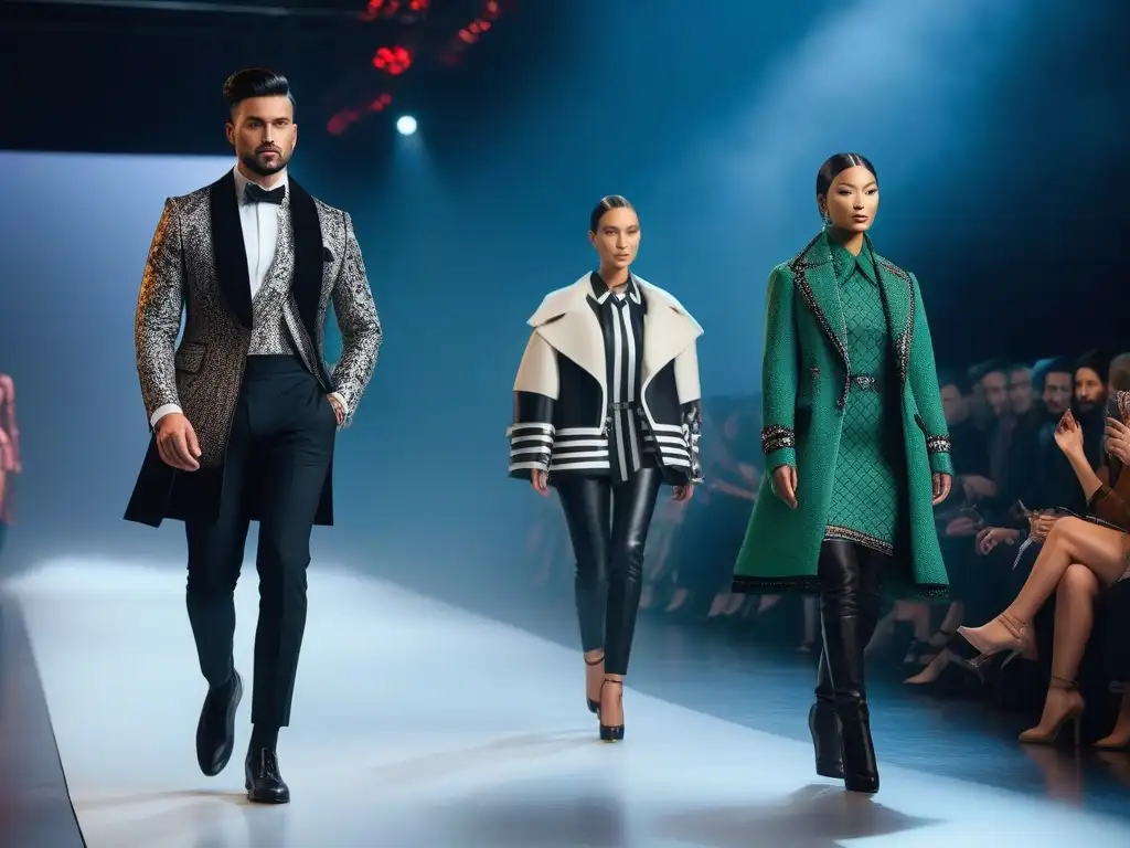 Desfile de Moda: Creatividad y Diversidad en la Pasarela Una pasarela de diseñadores innovadores de moda diversa deslumbrando con creatividad y diversidad étnica y de género