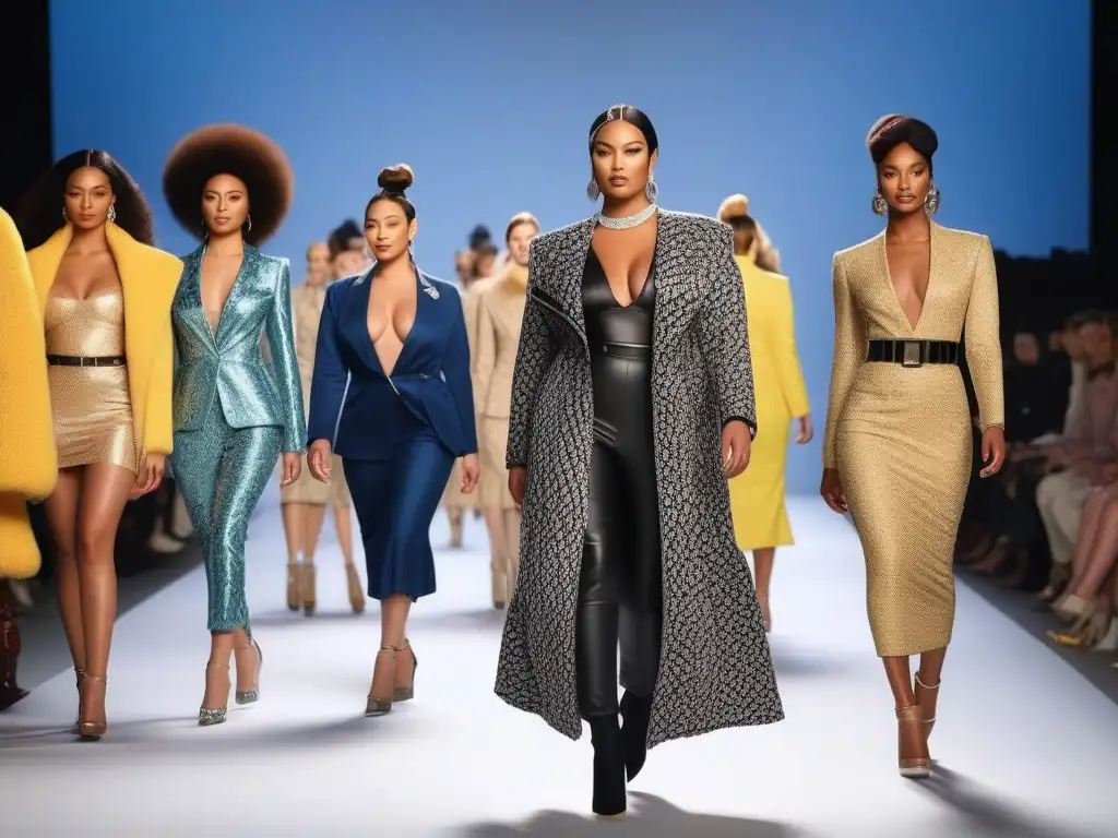 Desfile de moda inclusivo con modelos diversos y seguros de sí mismos Una pasarela diversa y inclusiva, modelos de distintos cuerpos y colores de piel desfilan con confianza en diseños vanguardistas