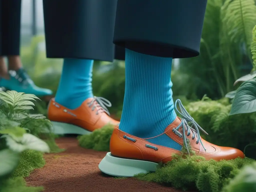 Desfile ecofuturista: calzado sostenible y diversidad Una pasarela ecoamigable con personas diversas usando zapatos sostenibles de diseño innovador, fusionando moda y naturaleza
