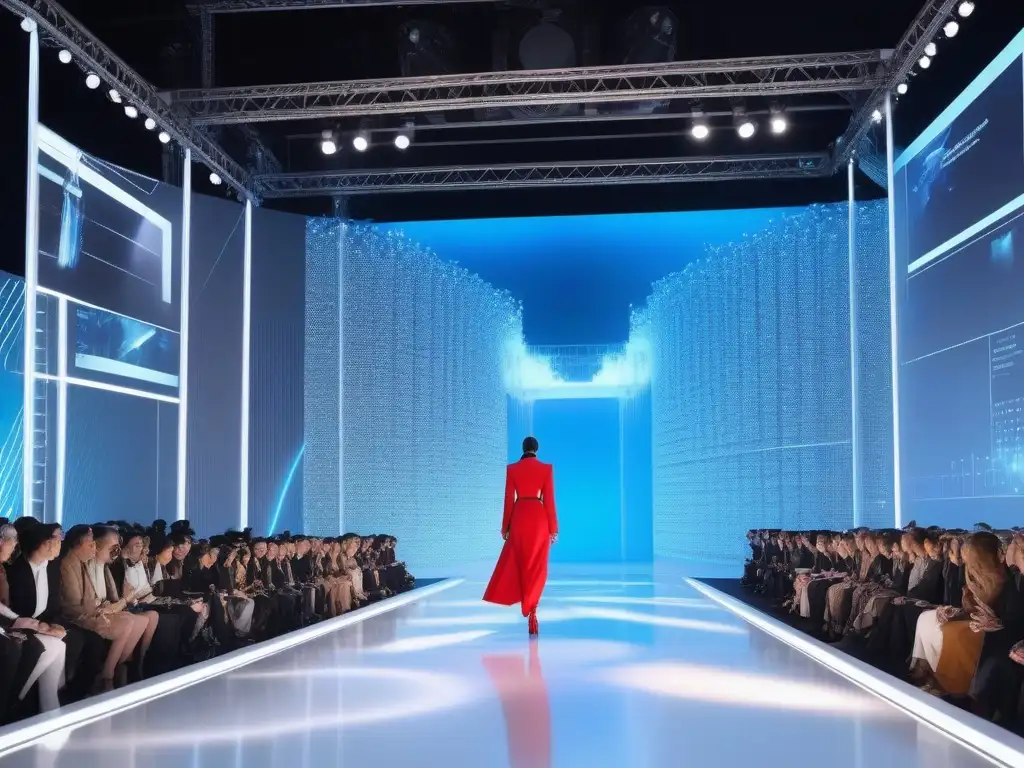 Pasarela futurista con moda y datos holográficos Una pasarela futurista con datos visuales y moda avant-garde, fusionando Big Data en tendencias de moda
