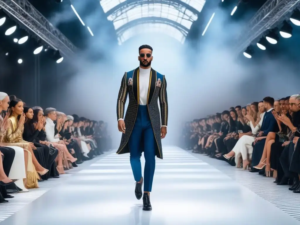 Diseñadores de moda globales en pasarela inclusiva Una pasarela futurista muestra diseñadores de moda inclusiva rompiendo barreras, con una audiencia diversa aplaudiendo sus creaciones innovadoras