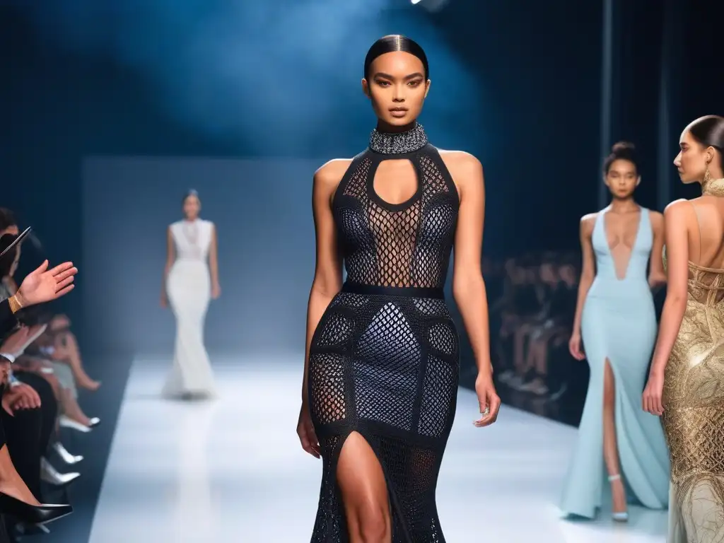 Desfile 3D: Moda inclusiva y vanguardista Una pasarela futurista con diseños 3D impresos que celebran la diversidad corporal