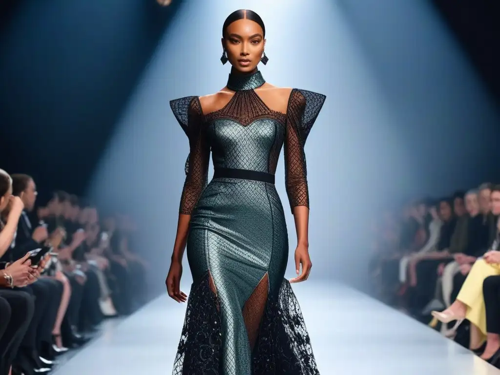 Desfile de moda inclusiva para altos: elegancia y empoderamiento Una pasarela futurista con diseños de moda para cuerpos tall, modelos seguros y elegantes resaltando la diversidad