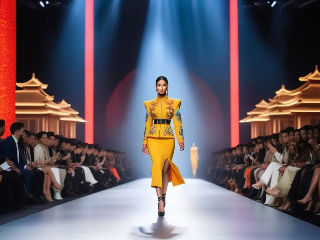 Desfile de moda futurista fusionando estilos occidentales y orientales Una pasarela futurista fusionando estilos occidentales y orientales con modelos en prendas vanguardistas que mezclan siluetas asiáticas tradicionales con telas y diseños occidentales contemporáneos