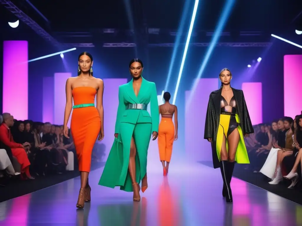 Desfile inclusivo: moda futurista y diversidad en la pasarela Una pasarela futurista iluminada con luces de neón, donde modelos diversos lucen diseños inclusivos vanguardistas
