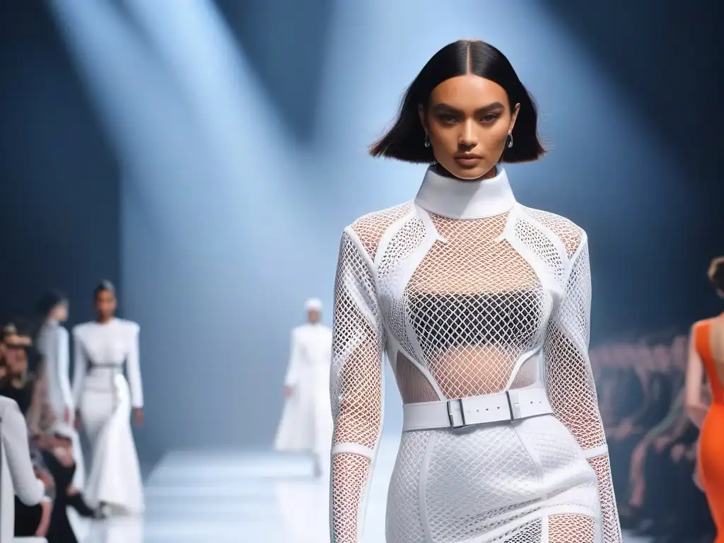 Desfile futurista de moda unisex 3D: inclusivo e innovador Una pasarela futurista iluminada con moda unisex con impresión 3D, donde modelos desfilan con confianza y empoderamiento