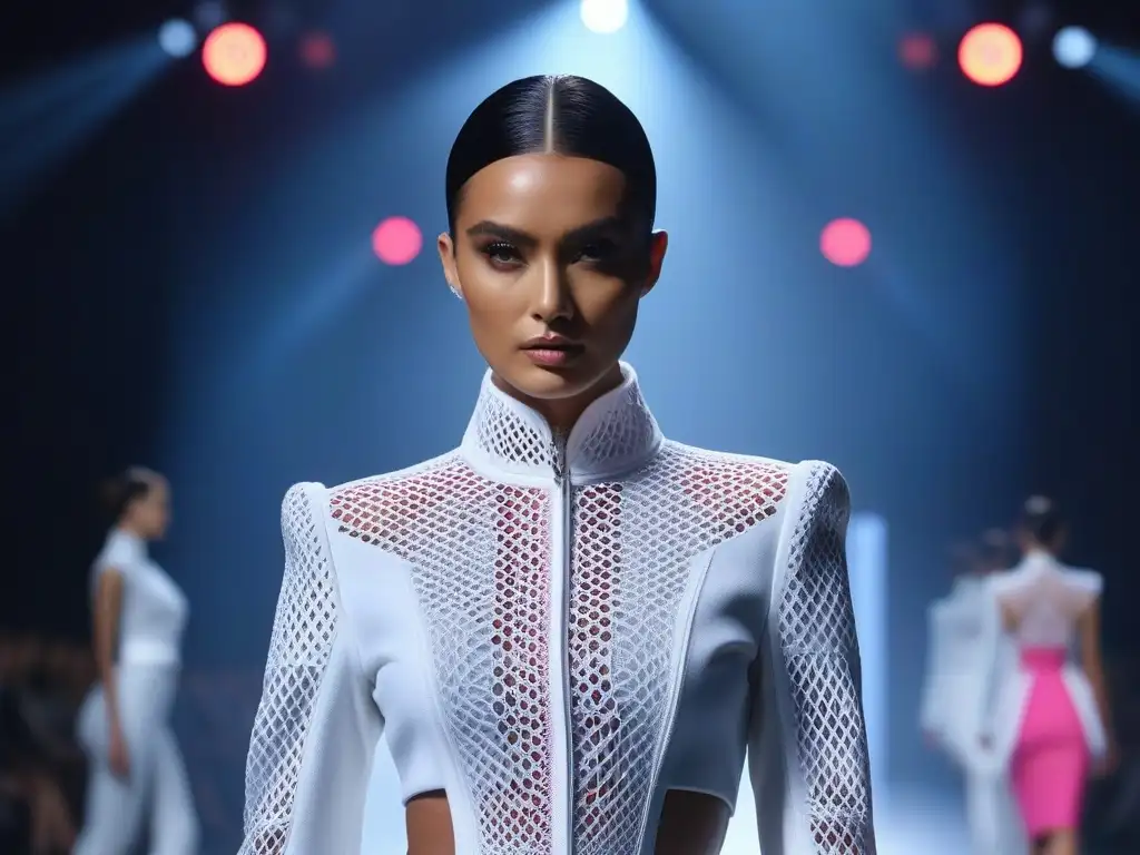 Pasarela futurista: moda 3D y luces vibrantes Una pasarela futurista llena de modelos con prendas 3D