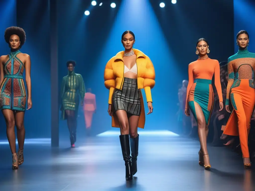 Desfile inclusivo y futurista: moda moderna y diversidad Una pasarela futurista llena de modelos diversos desfilando con estilo y confianza