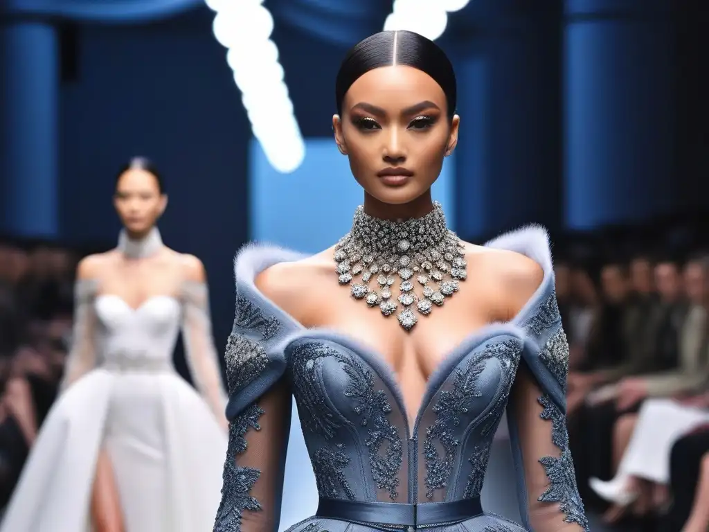 Exhibición de alta costura: diversidad y elegancia en pasarela Una pasarela futurista con maniquíes de alta costura de diversas etnias, cuerpos y habilidades