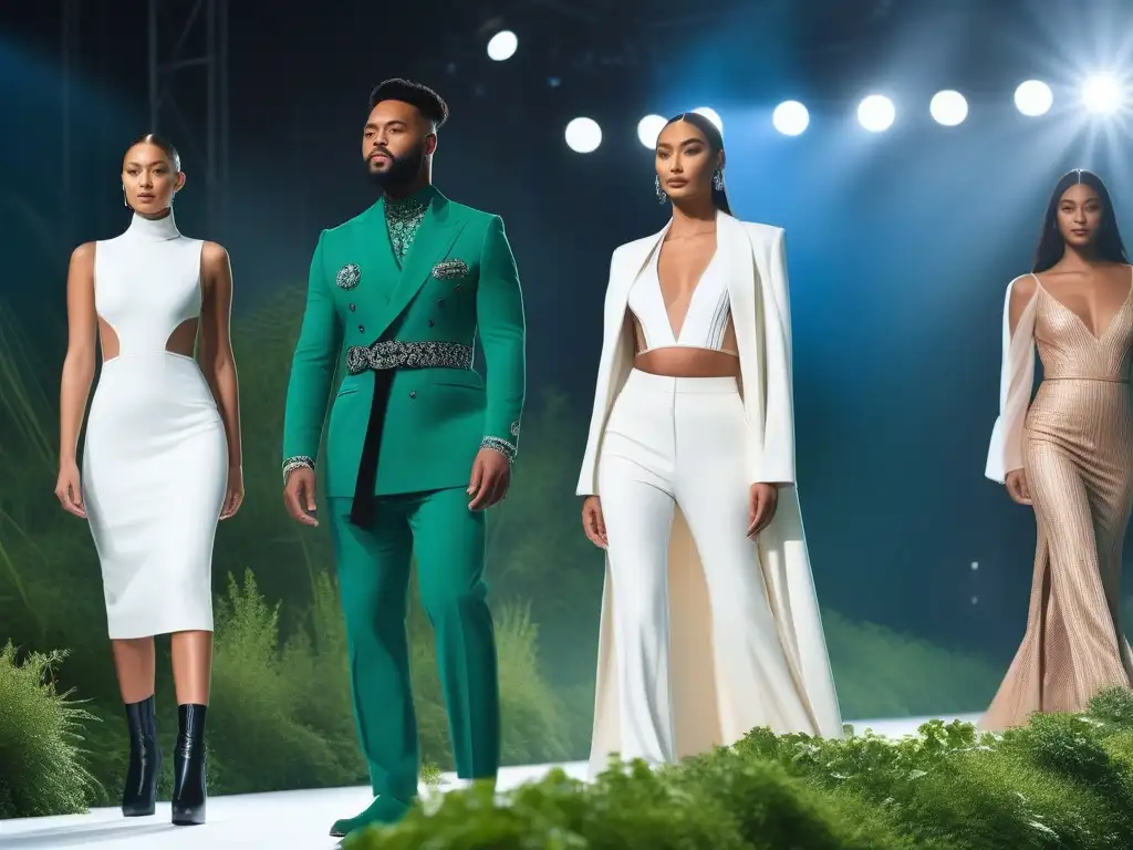 Moda sostenible inclusiva: desfile futurista adaptativo Una pasarela futurista con moda adaptativa sostenible inclusiva diversa, deslumbrante y empoderadora