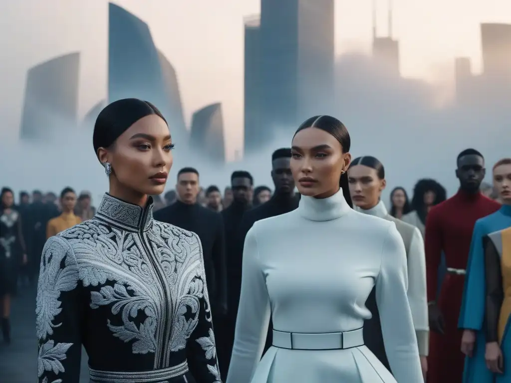 Moda inclusiva: desfile futurista de diversidad y creatividad Una pasarela futurista con moda adaptativa global inclusiva diversa en una ciudad vibrante
