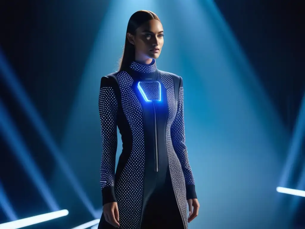 Desfile futurista de moda adaptativa: la revolución de la industria fashion Una pasarela futurista con moda adaptativa tendencias futuras, modelos innovadores y público asombrado