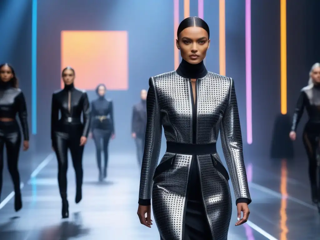 Desfile futurista de moda adaptativa: diversidad y empoderamiento Una pasarela futurista con moda adaptativa para todos, modelos diversos y empoderados desfilando con innovación y estilo en la ciudad