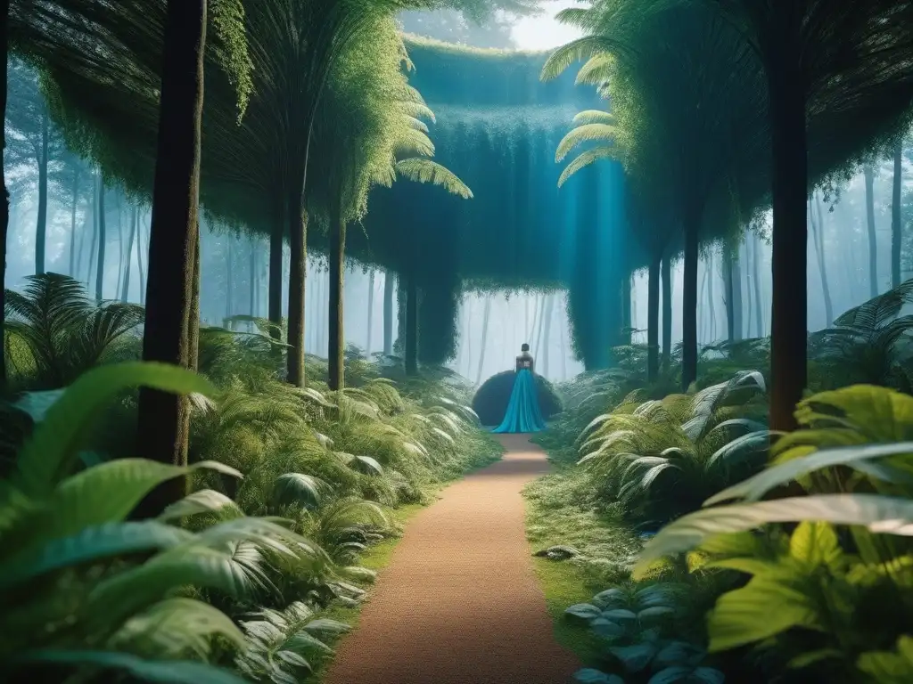 Pasarela ecológica: moda futurista en armonía con la naturaleza Una pasarela futurista de moda biodegradable iluminada por luz natural entre vegetación exuberante, con diseños innovadores y materiales sostenibles