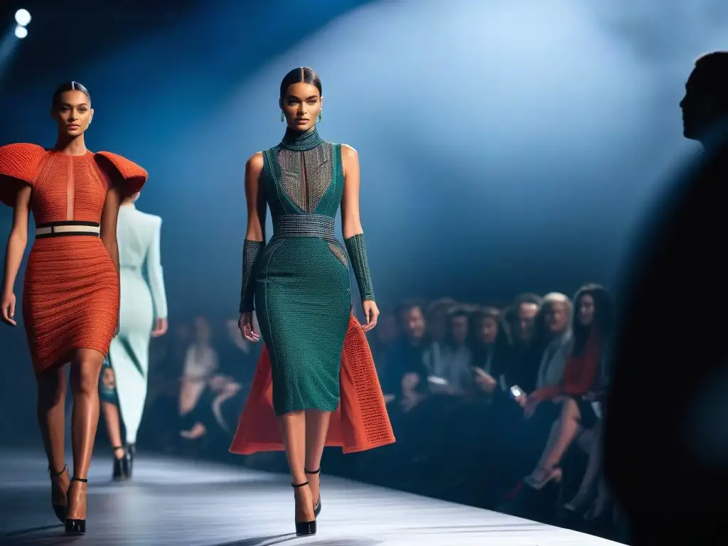 Desfile de moda ecofuturista: innovación sostenible y tecnología Una pasarela futurista de moda ecoconsciente con diseños innovadores y tecnológicos en vibrantes colores