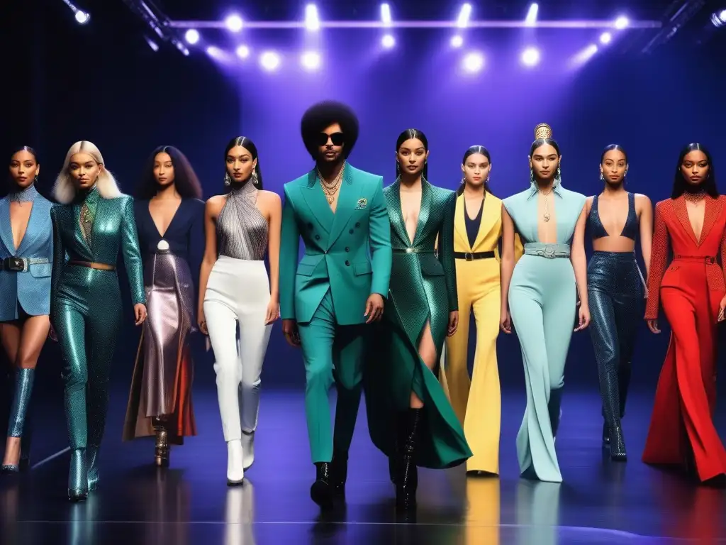 Desfile de moda inclusivo inspirado en Prince Una pasarela futurista con moda sin género y diversidad, inspirada en el estilo icónico de Prince