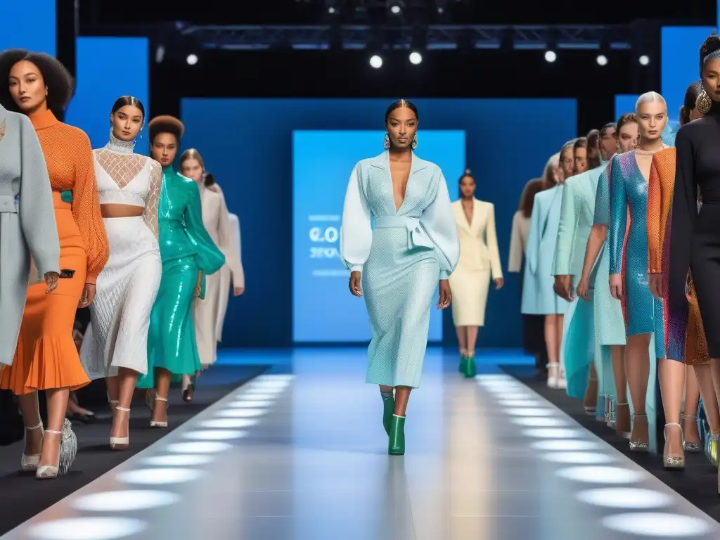 Desfile inclusivo de moda OEKOTEX®: diversidad y sostenibilidad Una pasarela futurista con moda inclusiva certificada por OEKOTEX, modelos diversos desfilando con estilo único