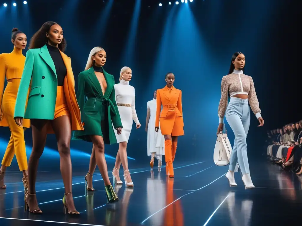 Desfile de moda sostenible: diversidad y empoderamiento Una pasarela futurista muestra moda inclusiva y sostenible con impacto normativas sostenibilidad moda