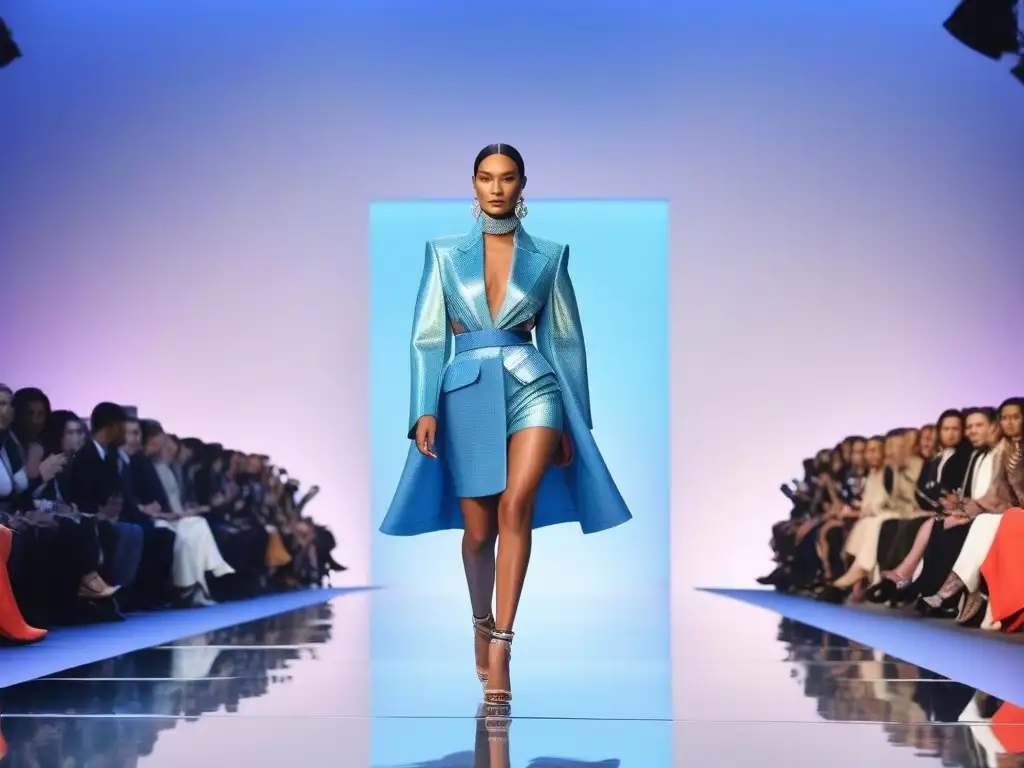 Desfile sostenible: moda inclusiva y lujosa Una pasarela futurista donde la moda inclusiva sostenible redefine el lujo con modelos de diversas edades y etnias