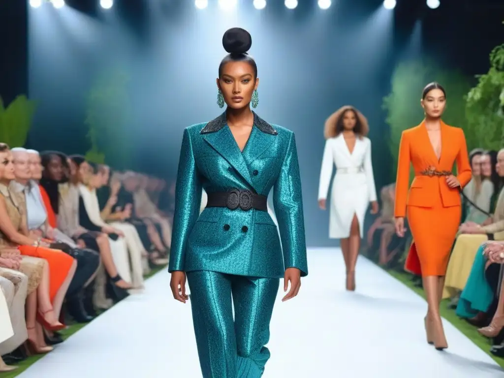 Desfile eco-inclusivo: moda sostenible y diversidad en pasarela Una pasarela futurista de moda inclusiva y ecológica global, con modelos de todas las edades, tallas y etnias desfilando con confianza