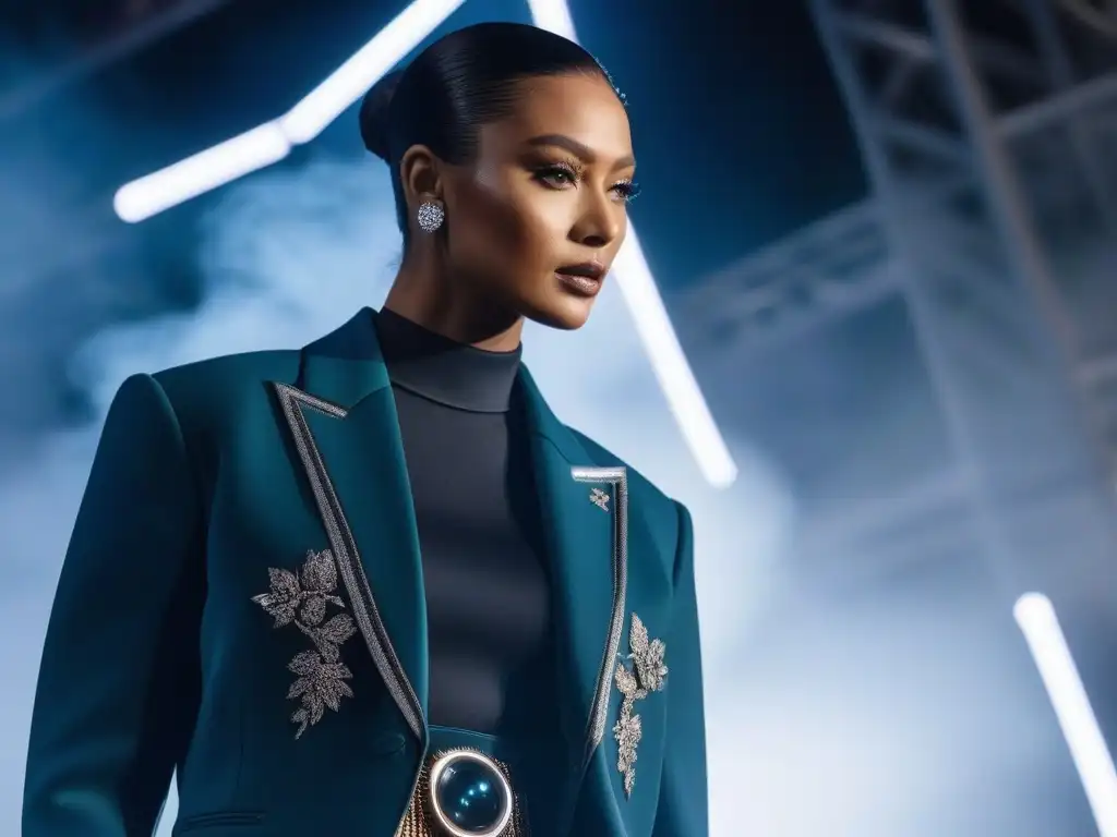 Moda inclusiva con tecnología wearable de alta gama Una pasarela futurista con moda inclusiva y wearables premium en diseños elegantes y vanguardistas
