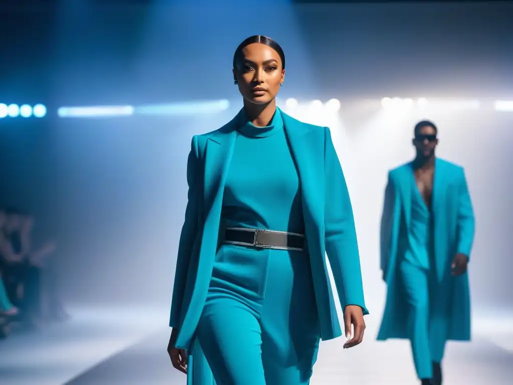 Diversidad y moda inclusiva en pasarela futurista Una pasarela futurista con moda inclusiva para todos cuerpos, donde la diversidad y la innovación brillan