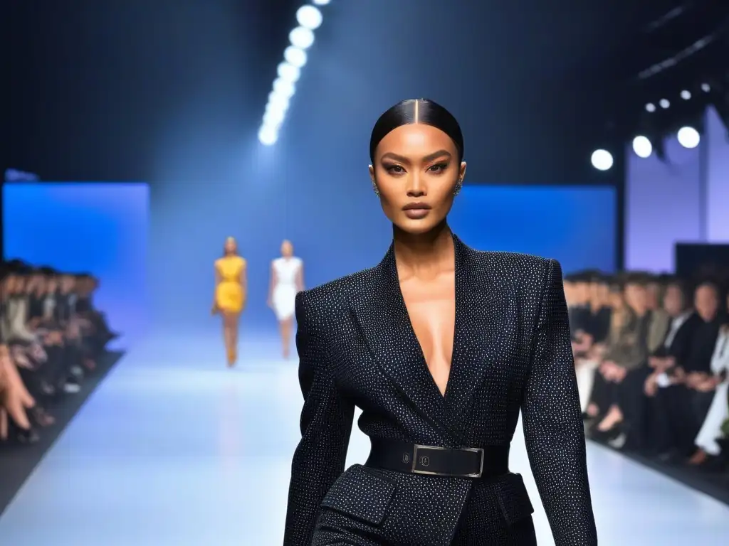 Desfile inclusivo: moda diversa en pasarela futurista Una pasarela futurista con moda inclusiva para todos cuerpos, modelos diversos desfilan con confianza