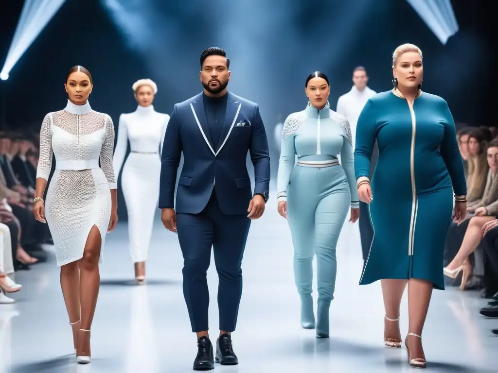 Desfile futurista de moda inclusiva para todos los cuerpos Una pasarela futurista con moda inclusiva para todos los cuerpos desfilando con confianza