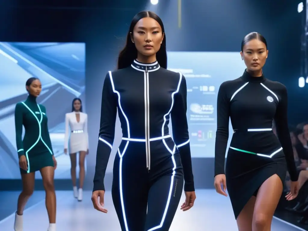 Desfile tecnológico: moda innovadora y diversa en pasarela futurista Una pasarela futurista con moda inclusiva para todos cuerpos, fusionando diseño innovador y tecnología avanzada