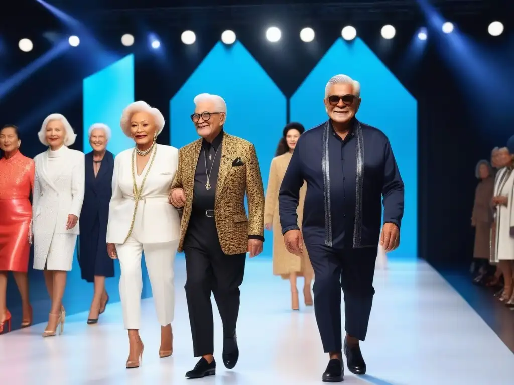 Desfile de moda: diversidad y empoderamiento de seniors Una pasarela futurista con moda inclusiva, seniors diversos desfilando con estilo único