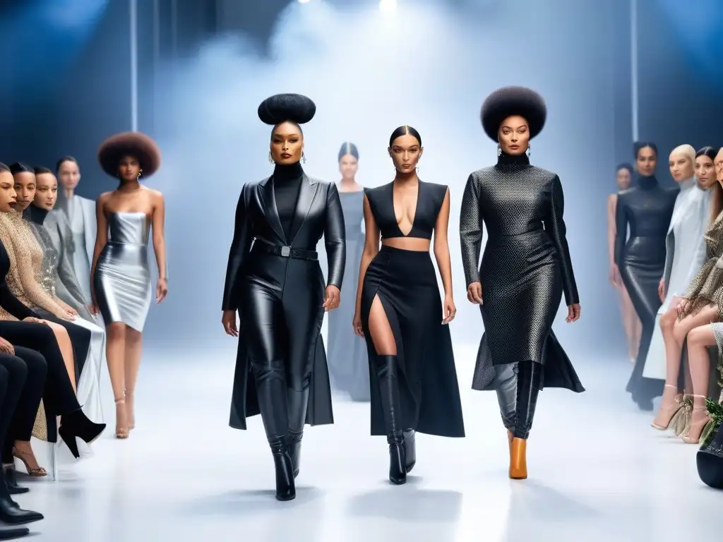 Desfile inclusivo: moda futurista para todos Una pasarela futurista con moda inclusiva y modelos diversos representando estrategias ganadoras de marketing