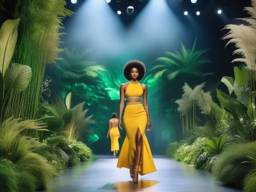 Desfile futurista: moda sostenible e inclusiva en pasarela diversa Una pasarela futurista muestra moda inclusiva y sostenible con diversidad de cuerpos, etnias y habilidades